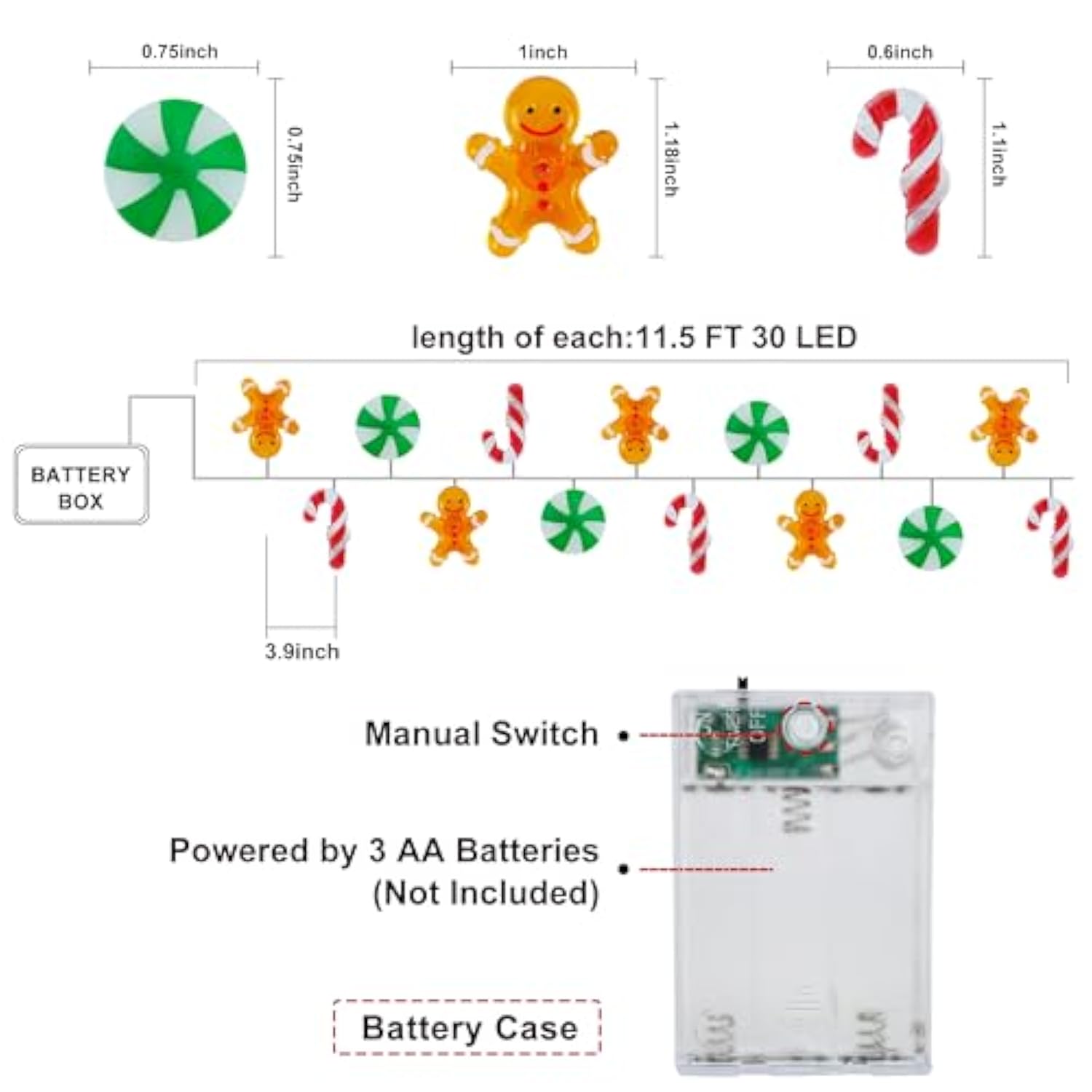 [Timer] 10 Ft 30 Led Christmas String Lights Decorations Gingerbread Man Candy Cane Candy Fairy Lights Battery Operated