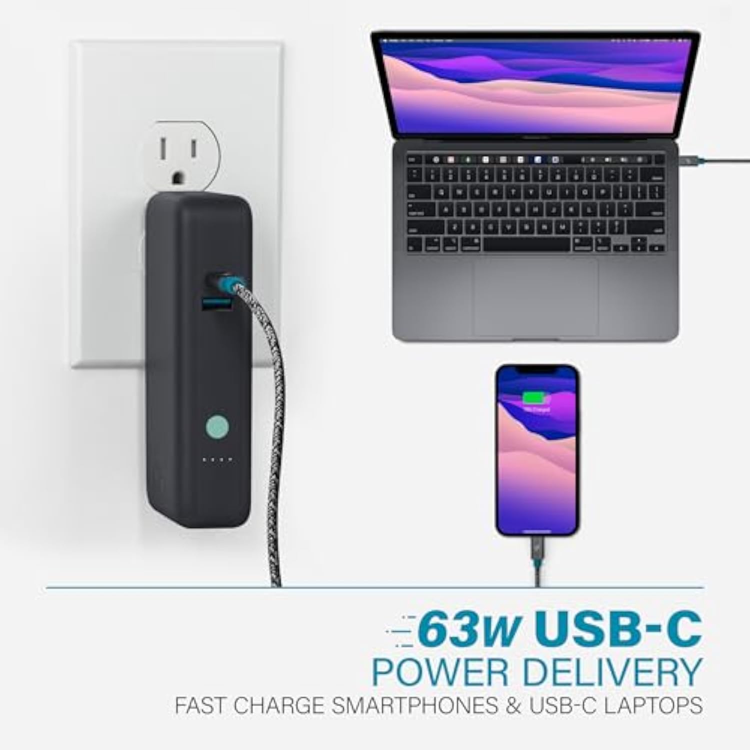 Wally Pro Portable Charger With Ac Wall Plug, 10,000Mah Power Bank Fast Charging 63W Usb-A & C Wall Charger, Travel Ready Battery Pack For Iphone Galaxy Pixel Macbook Ipad Airpod Laptop Tablet