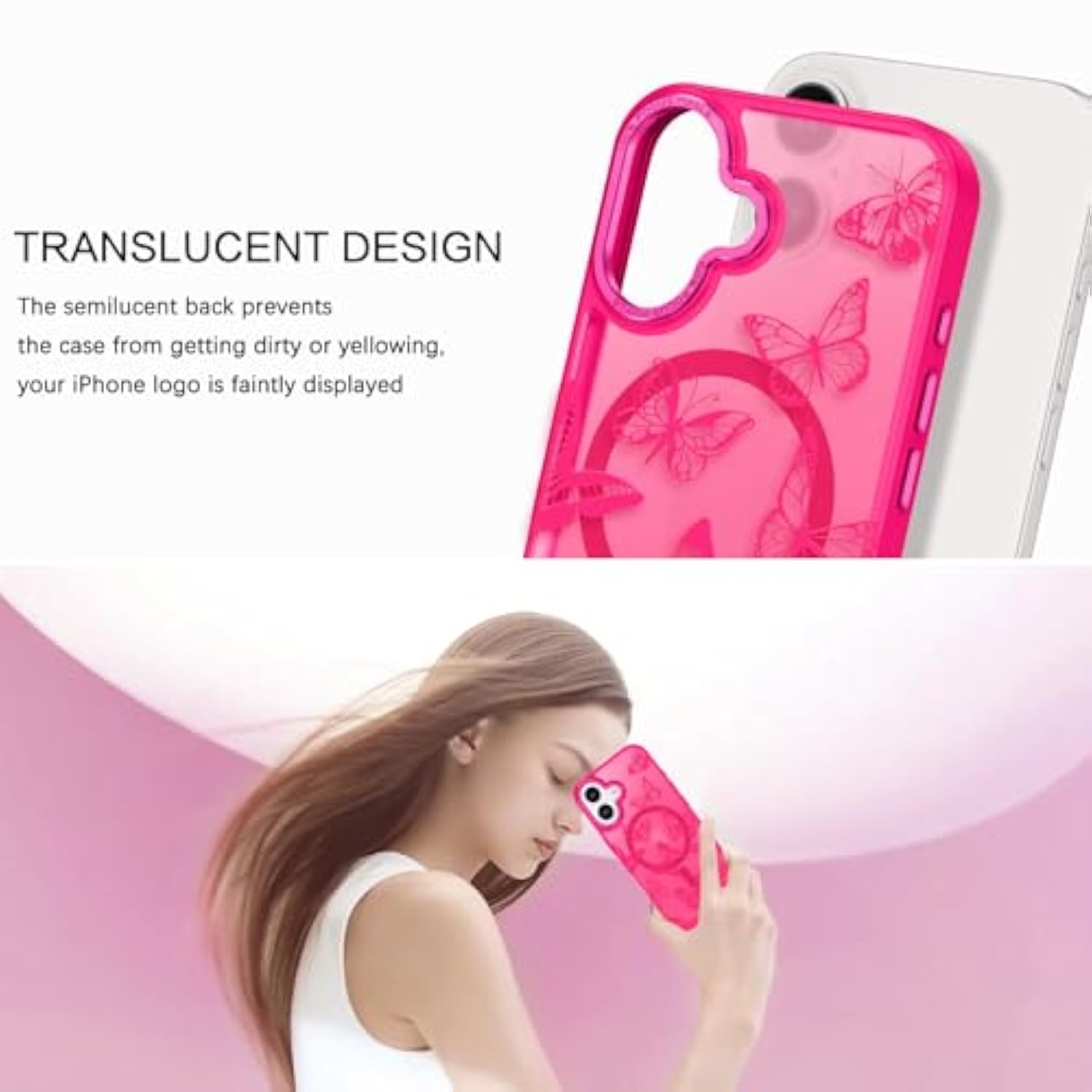 For Iphone 16 Plus Case,Cute Butterfly Pattern Iphone 16 Plus Magnetic Case [Compatible With Magsafe] Translucent Matte Slim Women Girl Protective Cover For Iphone 16 Plus 6.7",Hot Pink