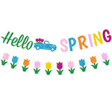 Glitter Hello Spring Banner With Tulip Truck Signs And Colorful Glittery Tulips Banner Hello Spring Flowers Garland Easter Birthday Party Fireplace Mantle Decorations