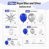 131Pcs Royal Blue And Silver Balloon Arch Garland Kit, Royal Blue White Silver Confetti Balloons For Wedding Graduation New Year Retirement Birthday Party Decorations