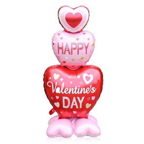 Valentines Day Balloons, Large Pink Red Hearts Love Standing Balloons for Valentines Party Decorations, 58In x 31In 3D Happy Valentine’s Day Foil Balloons Galentines Day Wedding Decor