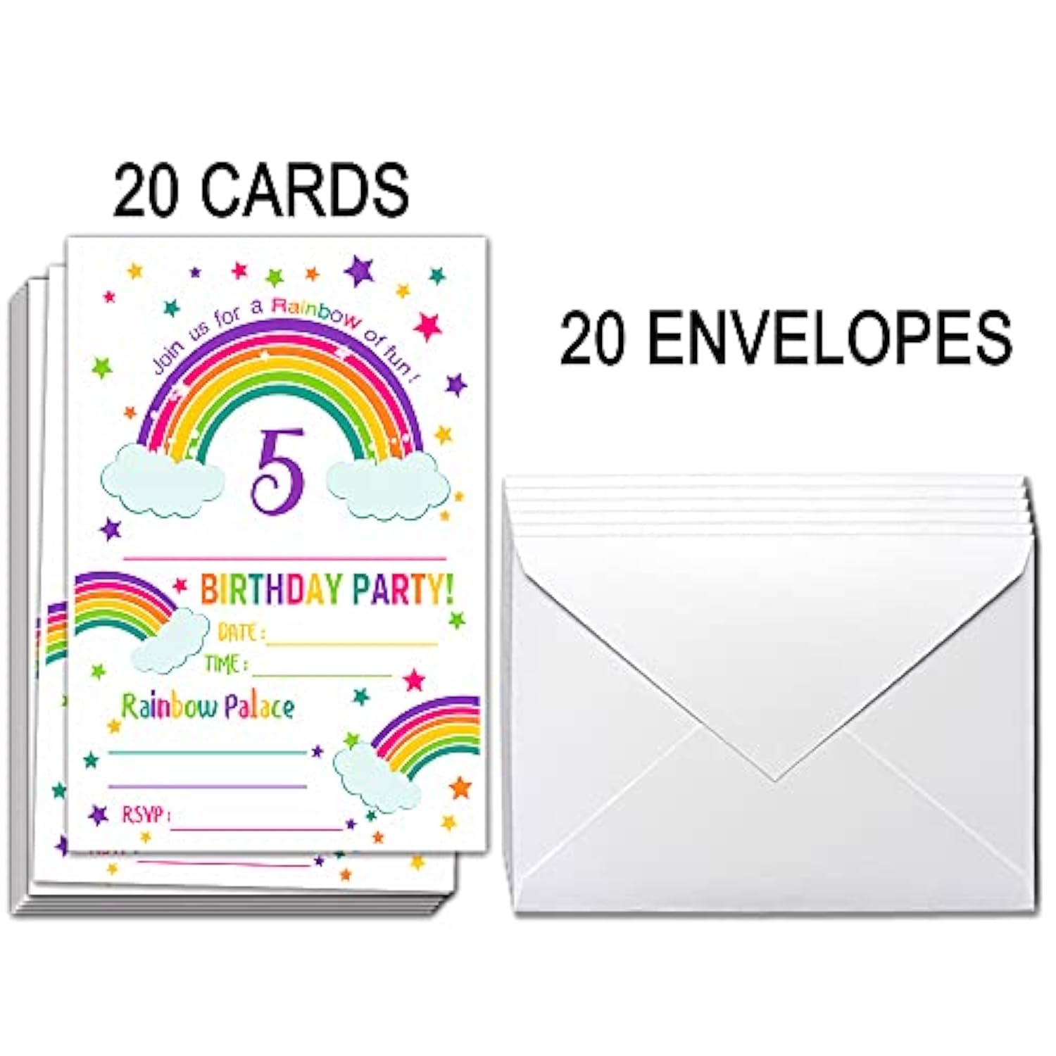5Th Rainbow Birthday Party Invitations With Envelopes – Birthday Party Invitations, Rainbow Party Decorations– 20 Cards With Envelopes?C03-05?