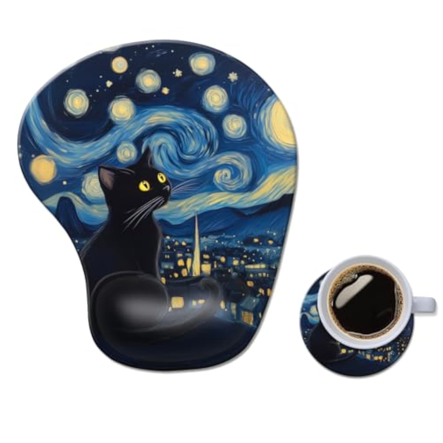 Ergonomic Mouse Pad With Wrist Rest,Comfortable Computer Gel Mouse Pad Wrist Support For Laptop,Pain Relief Mousepad With Non-Slip Pu Base Starry Night Black Cat