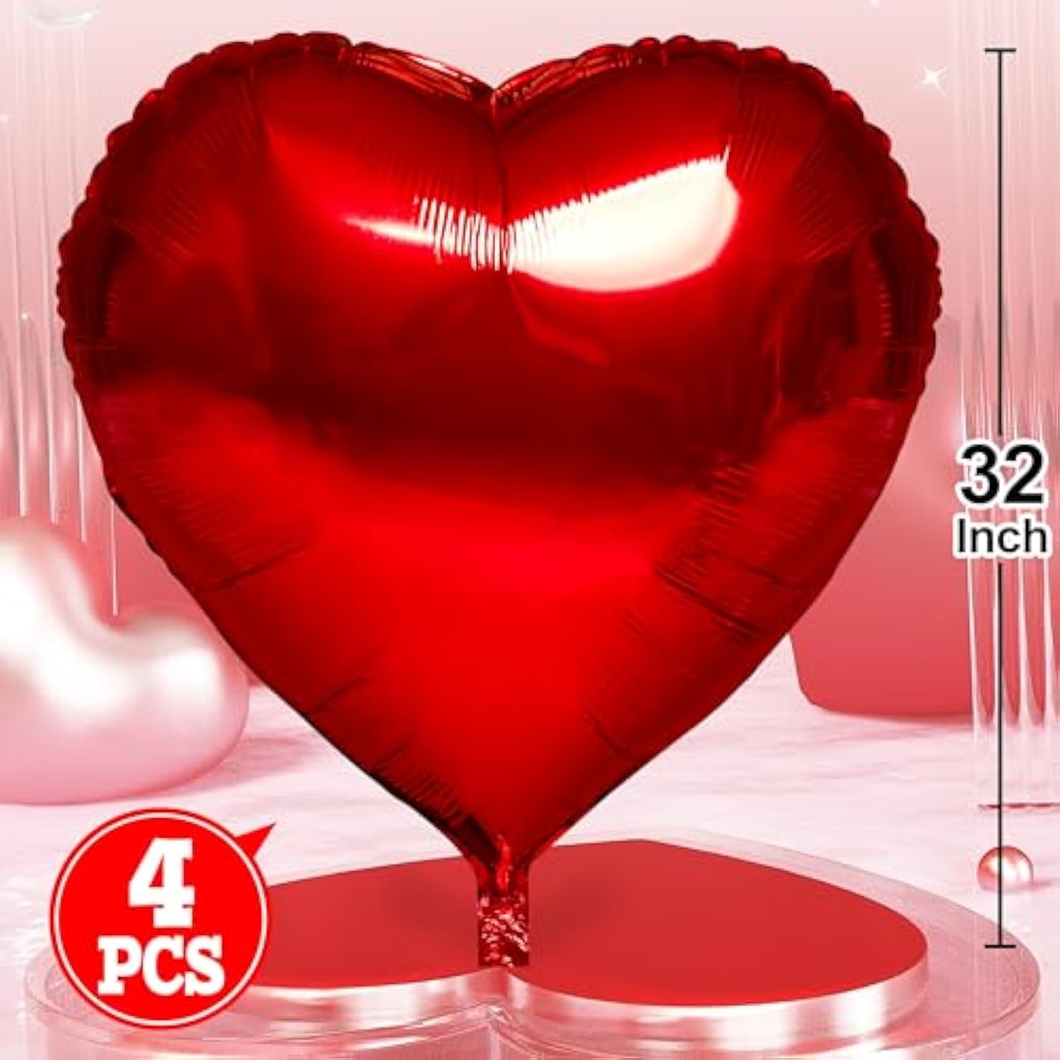 Red Heart Balloons- 4Pcs 32Inch Foil Heart Balloon, Valentine Day Ball