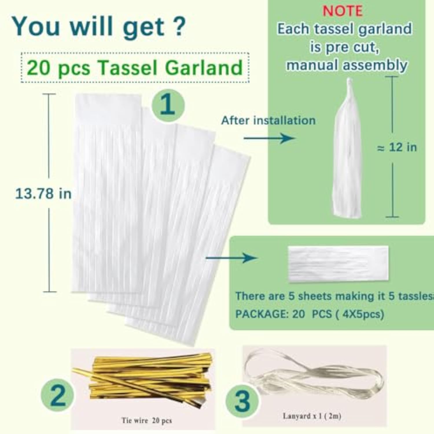 White Tassel Garland 20 Pcs, Tissue Paper Tassels Garland Banner For Party Birthday Wedding Decoration Baby Shower Table Decor