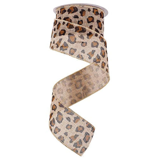 10 Yards X 2.5 Inch Leopard Burlap Wired Edge Ribbons Natural Burlap F