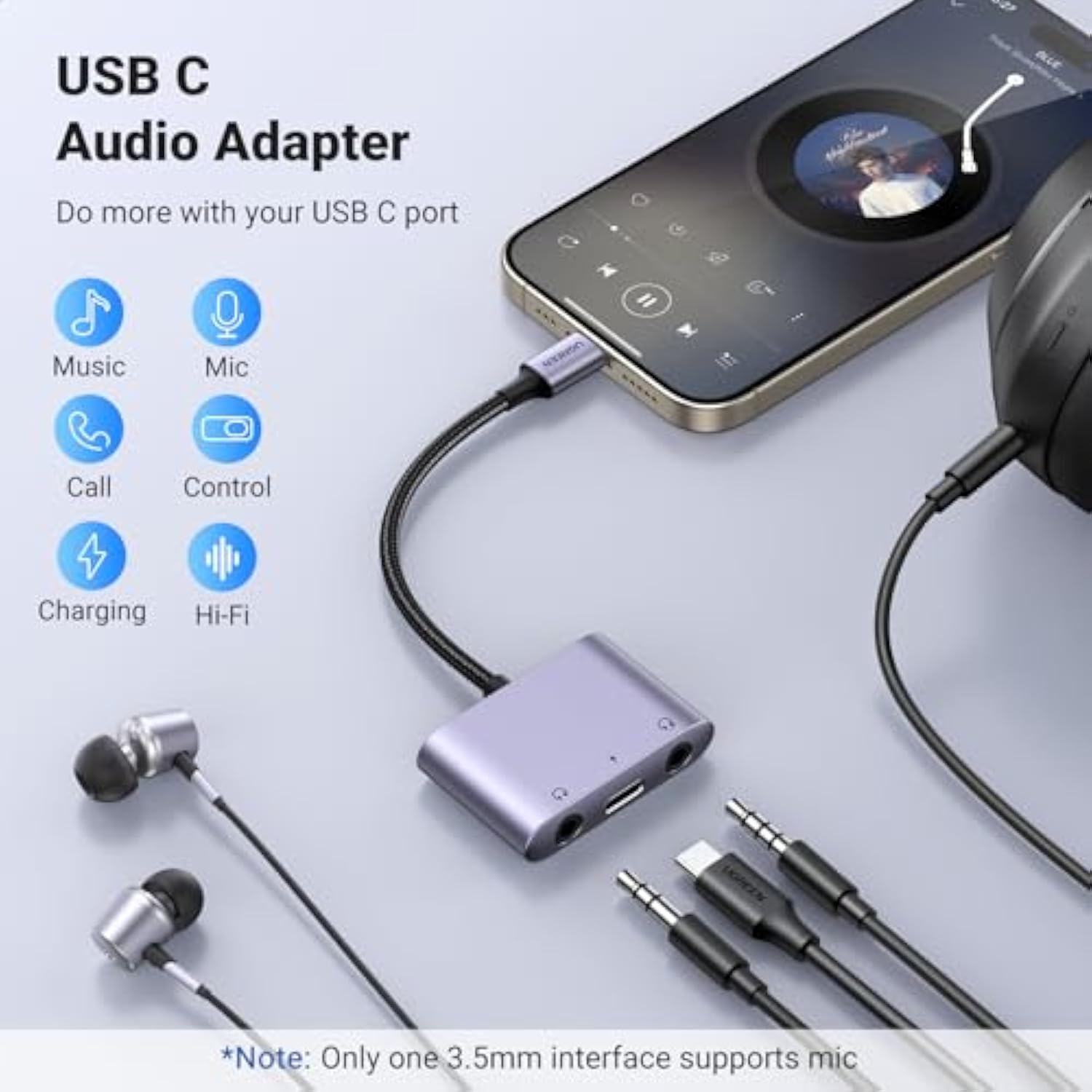 Ugreen Usb C To 3.5Mm Audio Adapter 3 In 1 Charger And Headphone Splitter Usb C To Aux Dual Headphone Jack With Pd 60W Fast Charge Cable For Iphone 15 Pro Max, Galaxy S24/23 Ultra, Pixel 8, Ipad Pro