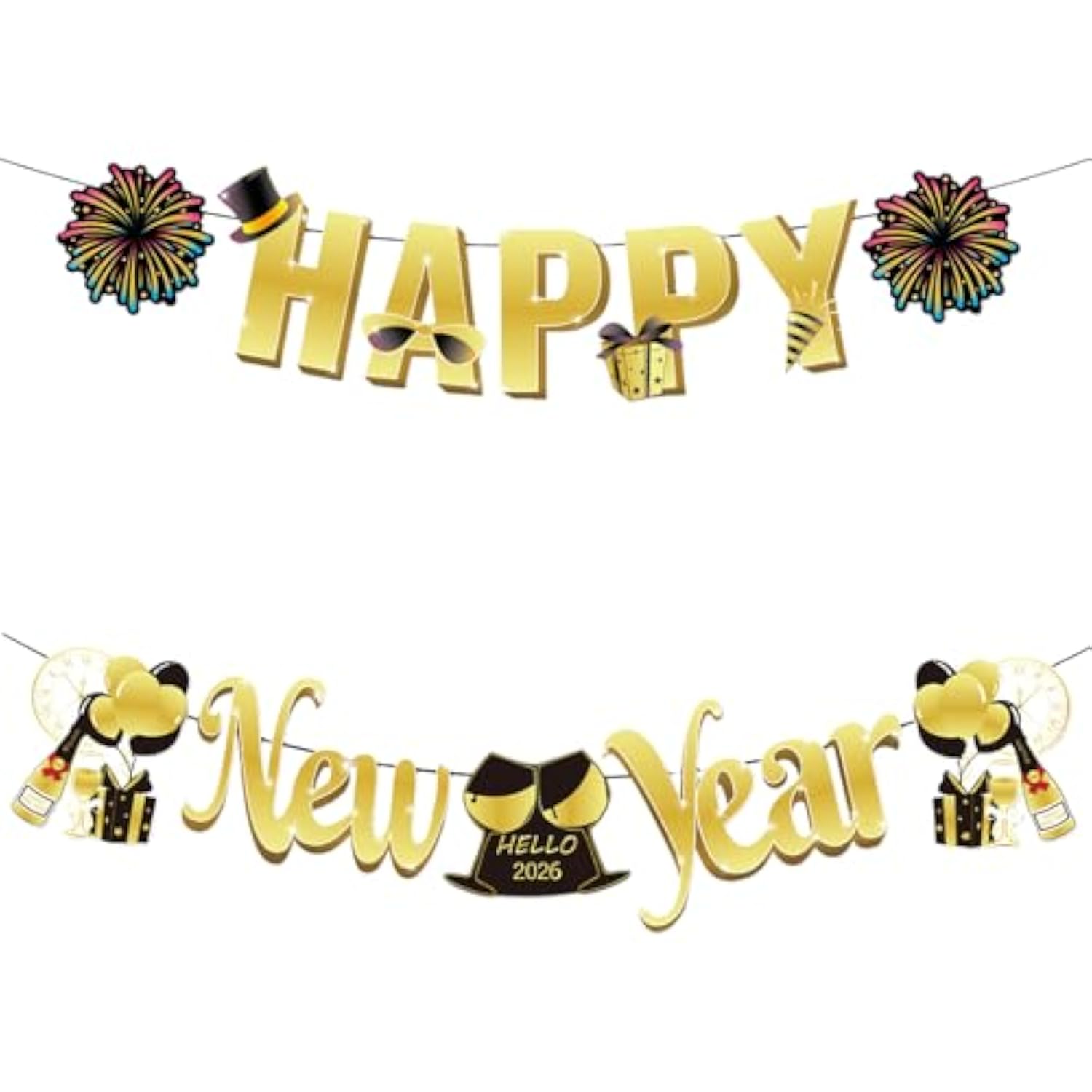 2026 New Year Party Supplies with Gold Glitter Balloons, Streamers, Banner, and Photo Props