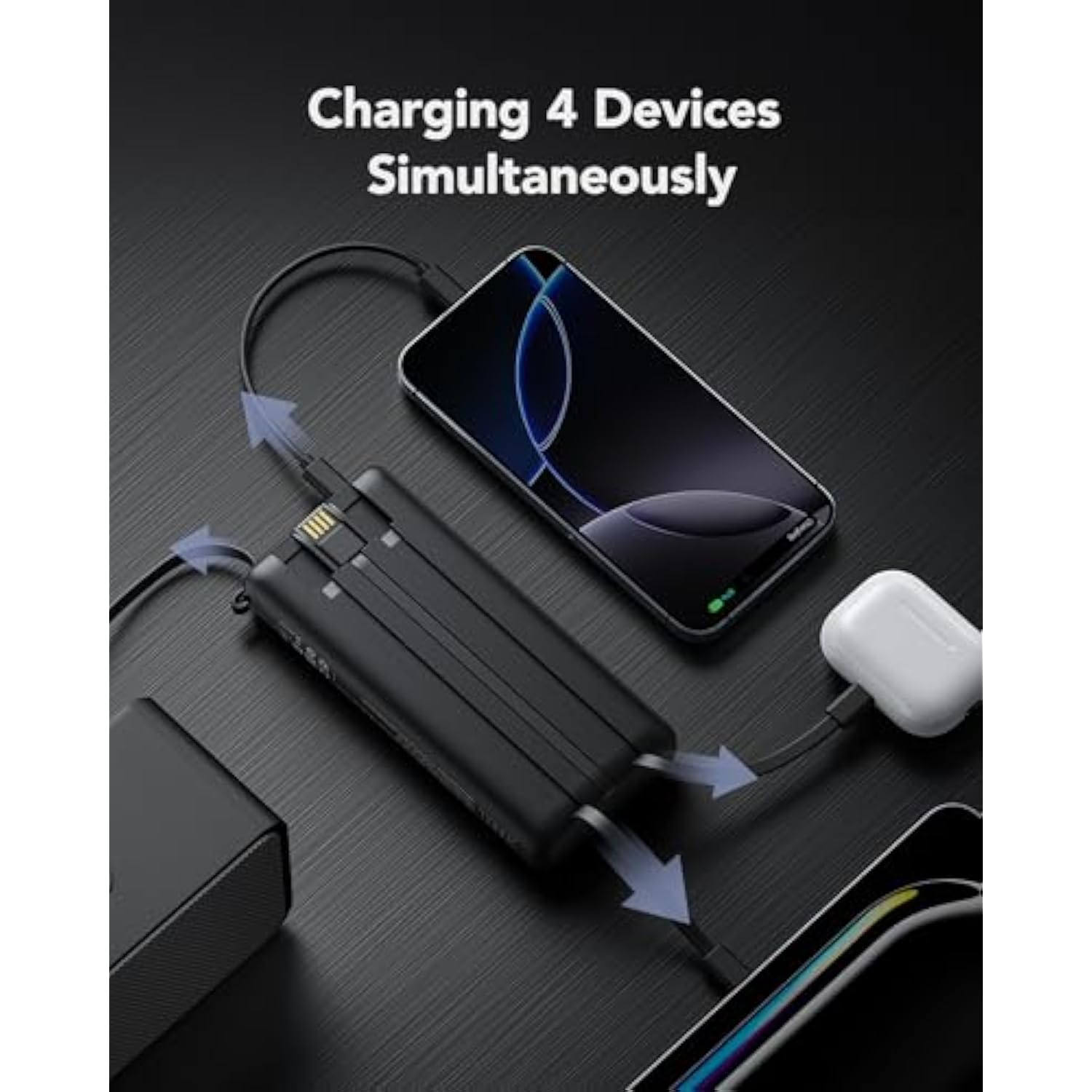 Portable Charger With Built In Cables 20000Mah, Usb C Power Bank 4 Output 2 Input, Led Display 22.5W Fast Charging Battery Pack For Iphone 15/15 Pro/15 Plus/14/13/12/11/X, Samsung, Etc-Black