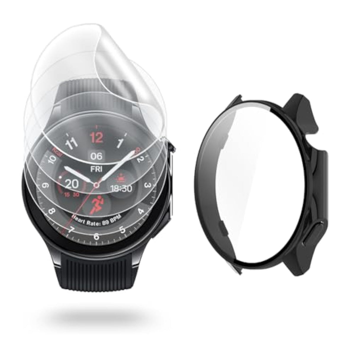 Watch Screen Protector (4+1Pack) Compatible For Oneplus Watch 2 And Case With Tempered Glass Film Hard Pc Bumper Full Coverage Cover, Black