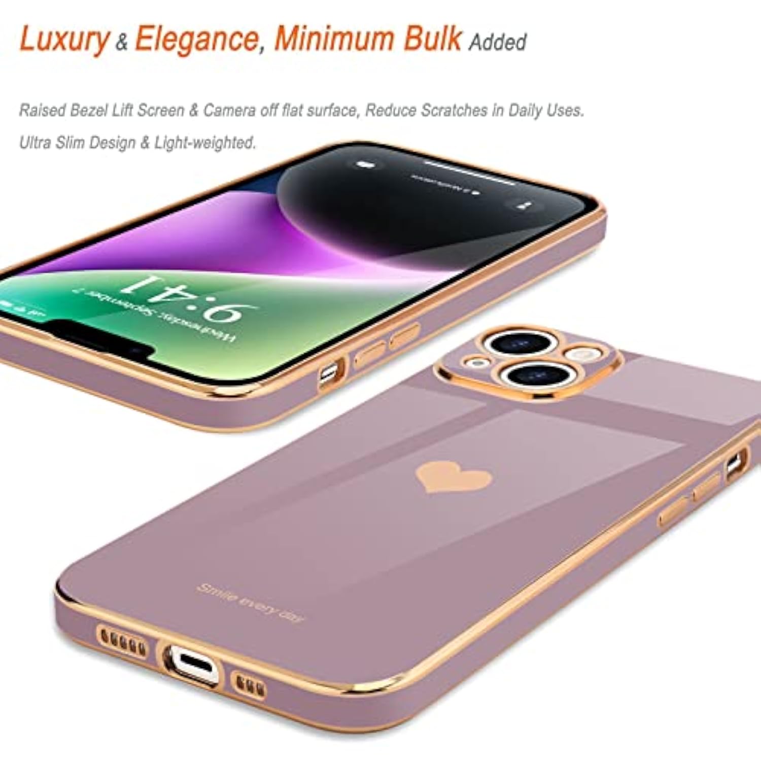For Iphone 14 Plus Case For Women Girl Cute Love Heart Luxury Plating Soft Bling Back Cover Raised Full Camera Protection Bumper Silicone Shockproof Phone Case For Iphone 14 Plus, Lavender