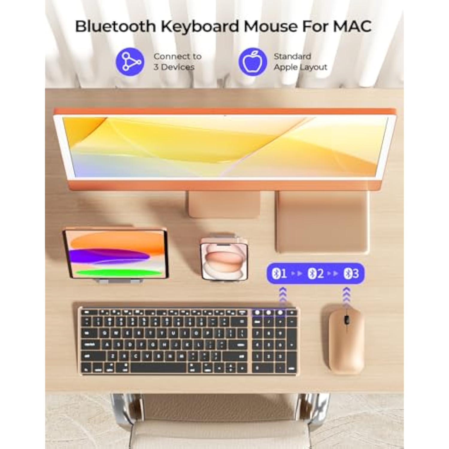 seenda Bluetooth Keyboard and Mouse for Mac, SKM64-2 Multi-Device Rechargeable Slim Wireless Keyboard Mouse Stainless Steel Full Size, Compatible with MacBook Pro/Air, iPad, Mac - Black Blue