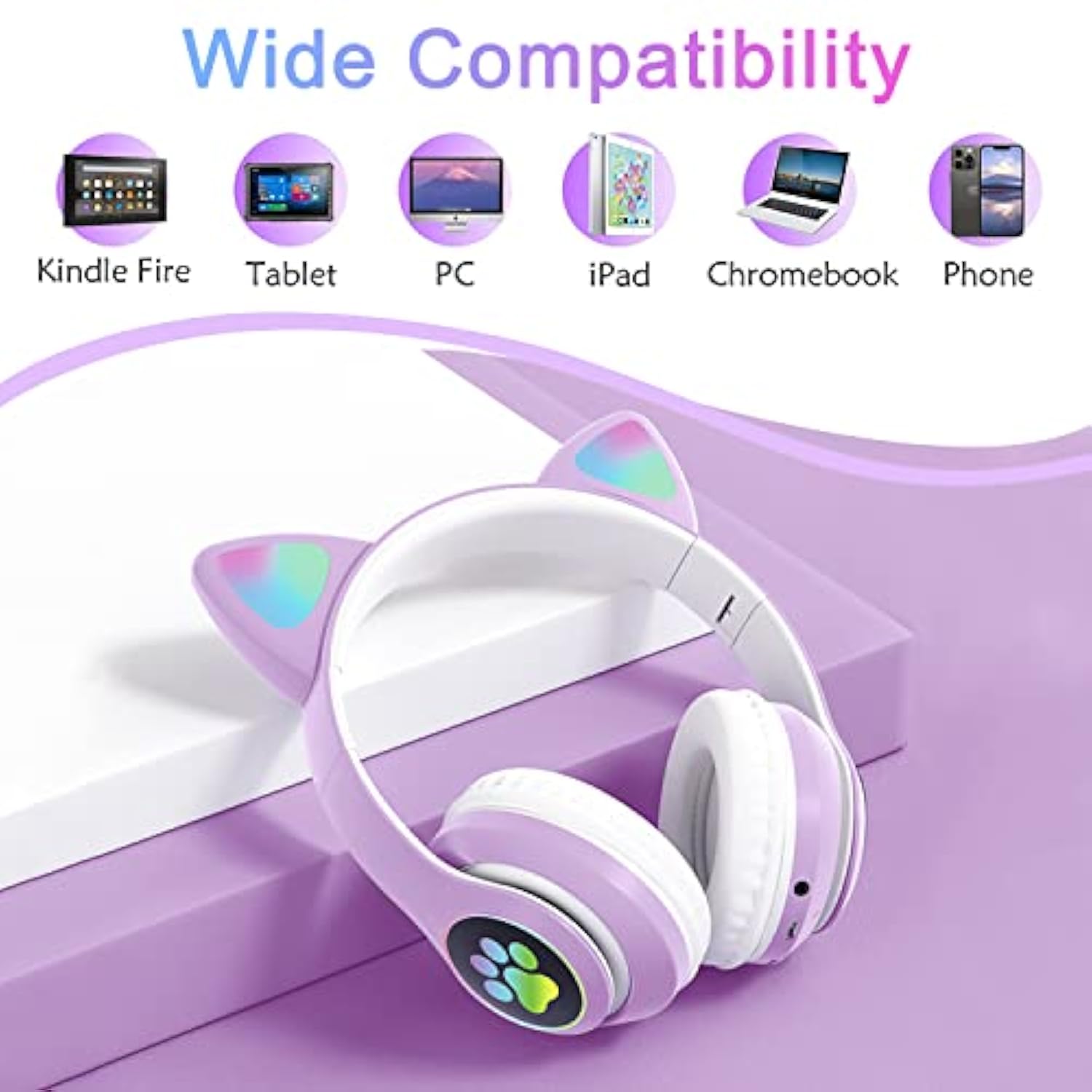Wireless Over-Ear Headphones With Microphone, Bluetooth Cat Ear Headphones For