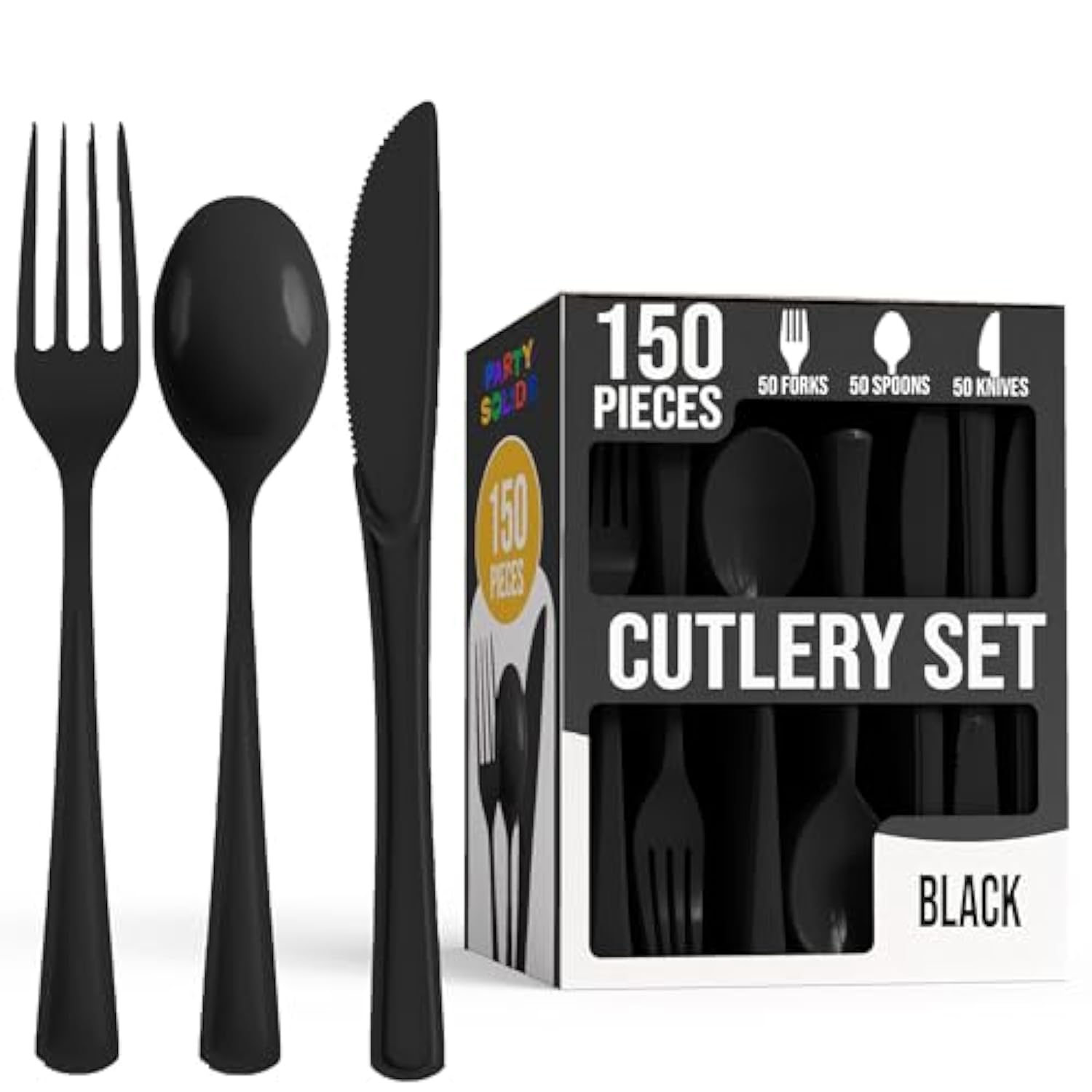 Party Solids Black Plastic Silverware Heavy Duty 150 Pieces Black Disposable Silverware Heavy Duty, Utensil Sets, 50 Of Each Forks, Knives & Spoons Disposable Cutlery Set For Party Supplies