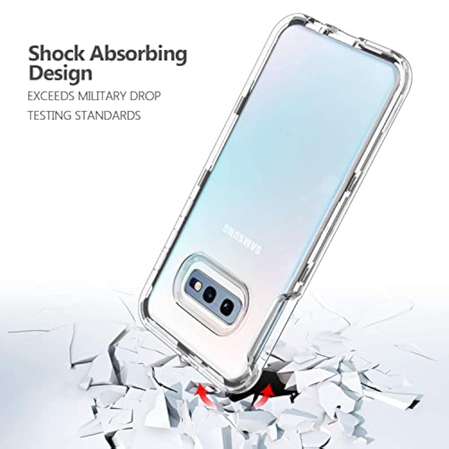 Clear Case for Samsung Galaxy S10E Shockproof Protective Cover with Hybrid Design, Hard PC Back and Front Cover, Flexible TPU Bumper, and 2 Pack Tempered Glass Screen Protector for 3 in 1 Full Body Protection