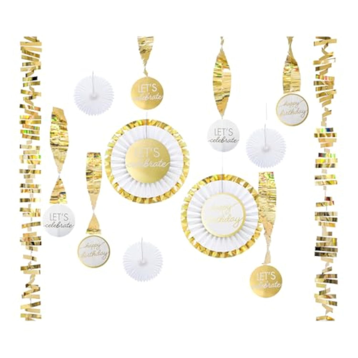 Gold Birthday Party Decorations Kit – 13Pcs White & Metallic Gold Hanging Paper Fans, Foil Swirls & Fringe Garland For Adults, Teens, Kids, Milestone Golden Birthday Backdrop Decor