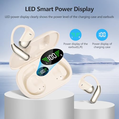 Open Ear Clip Wireless Earbuds Headphones, Bluetooth 5.4, Open Ear Design, Built-in Mic, IPX7 Waterproof, LED Display Charging Case,Ear Hooks Ear