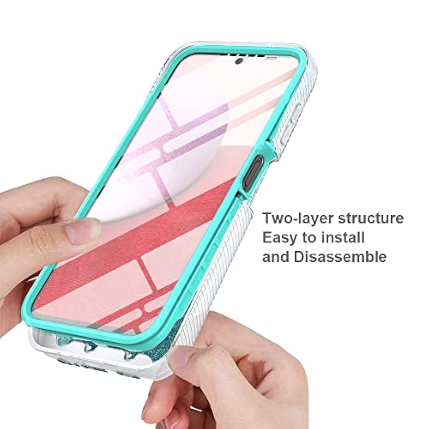 Compatible For Samsung Galaxy A14 5G Case, With [Built-In Screen Protector], Full-Body Drop Protector Cover Glitter Bling Cute Girls Women Design Hybrid Phone Case (Teal)