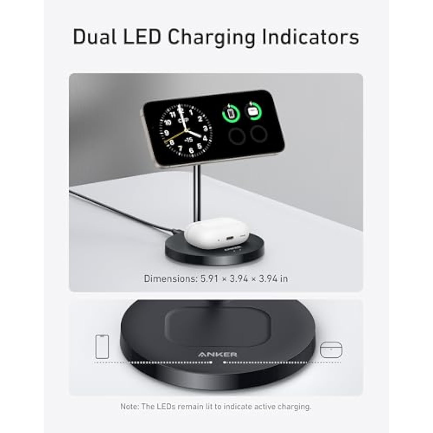 Anker MagSafe Compatible MagGo Charger Stand, iPhone 16 Wireless Charger, 2-in-1 Charging Station, Qi2 Certified 15W Wireless Charger Stand, for iPhone 16/15/14/13/12, AirPods Pro (No Adapter)
