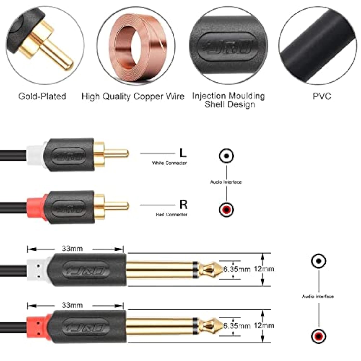 Dual 1/4 Inch Ts To Dual Rca Stereo Audio Interconnect Cable, Gold Plated Audiowave Series 2 X 6.35 Mm Male Ts To 2 Rca Male Pvc Shelled Adapter Cable, 6 Feet