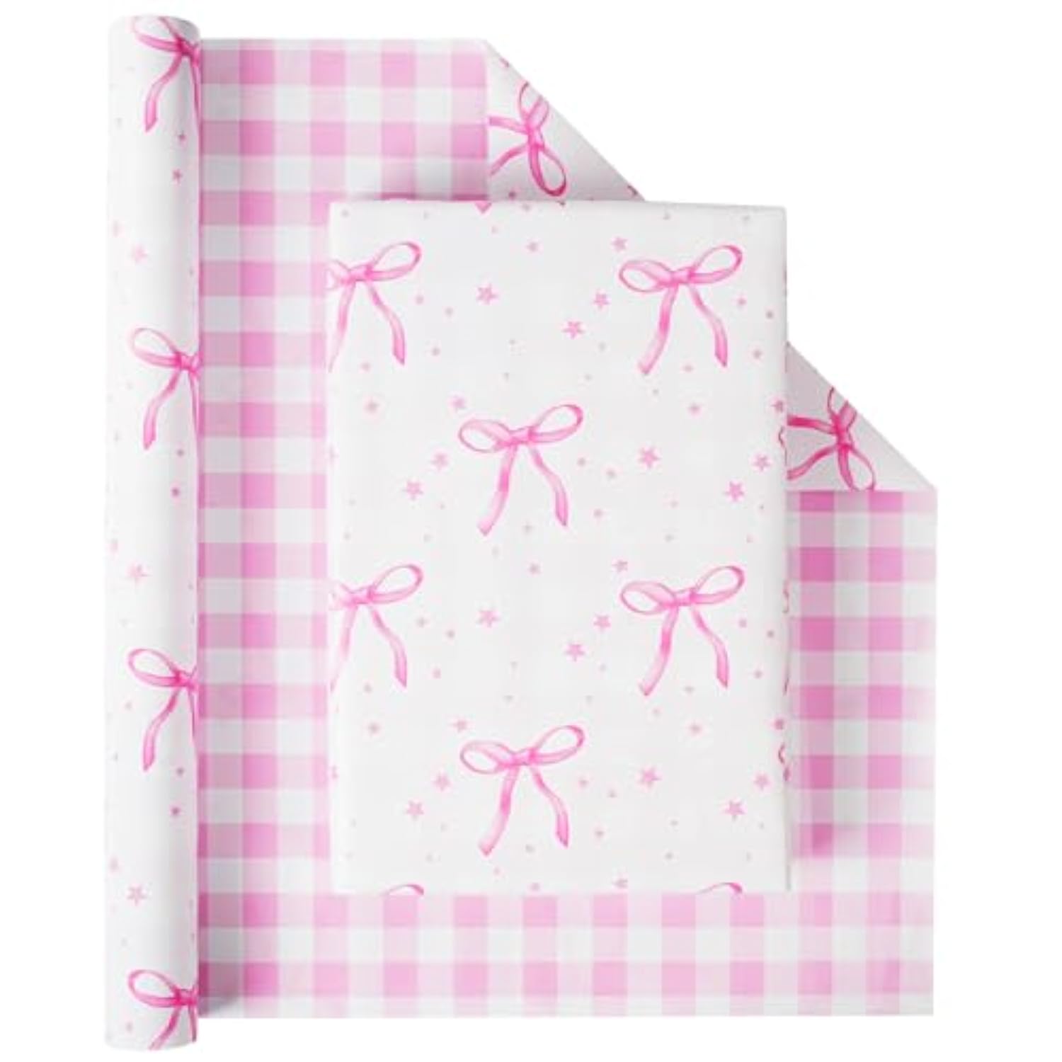 Pink Bow Reversible Wrapping Paper Roll - Mini Roll - 1 Roll 17" X33Ft Pink Bow Birthday Wrapping Paper Roll For Girls Kids Pink And White Plaid Design Gift Wrap Paper Pink Bow Party Favor