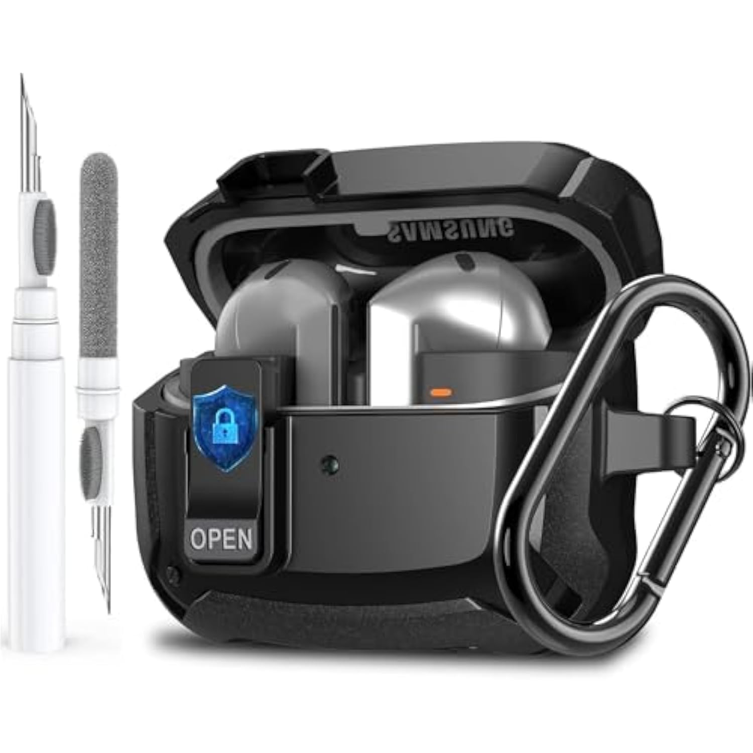 Galaxy Buds 3 Pro/Buds 3 Case Cover 2024 With Secure Lock Clip, Shockproof Samsung Galaxy Buds 3/3 Pro Protective Hard Cover Shell With Carabiner&Cleaner Kit For Men Women, Black