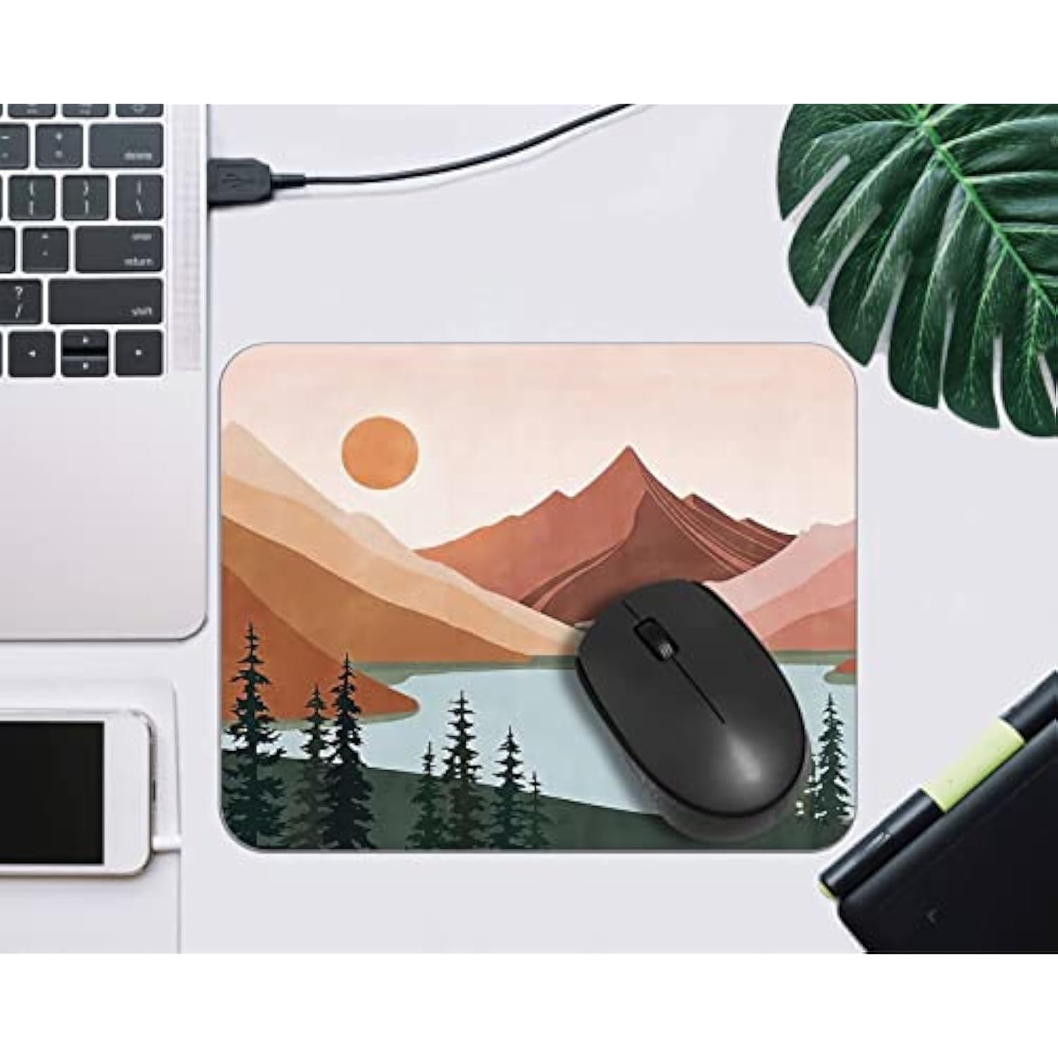 Abstract Boho Sun Mountain Forest Lake Nature Landscape Mousepad 9.5×7.9 Inch Non-Slip Rubber Base Square Mouse Pads For Computers Laptop Office Home Dorm Desk Decor,Boho Gifts For Women Girls