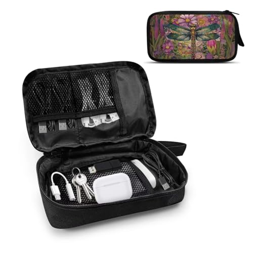 Dragonfly Print Electronic Organizer Travel Case Portable Daisy Charger Organizer Travel Case Slim Cable Organizer Bag Tech Organizer Travel Case, Purple And Green