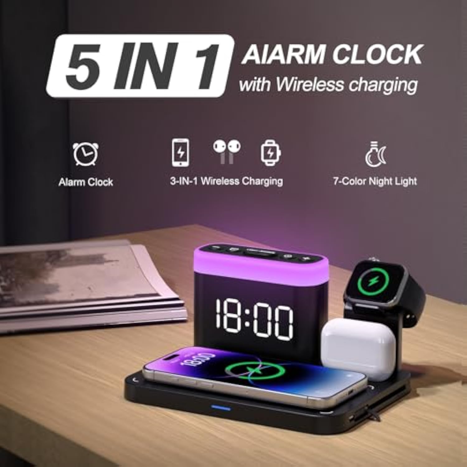 Wirelss Charging Staion,3 In 1 Multiple Charger Stand With Alarm Clock,7 Night Light,Mag-Safe Charging Dock For Iphone 16 15 14 13 12 11 Pro Max Plus,Apple Watch10/9/8/7/Ultra/Se,For Airpods