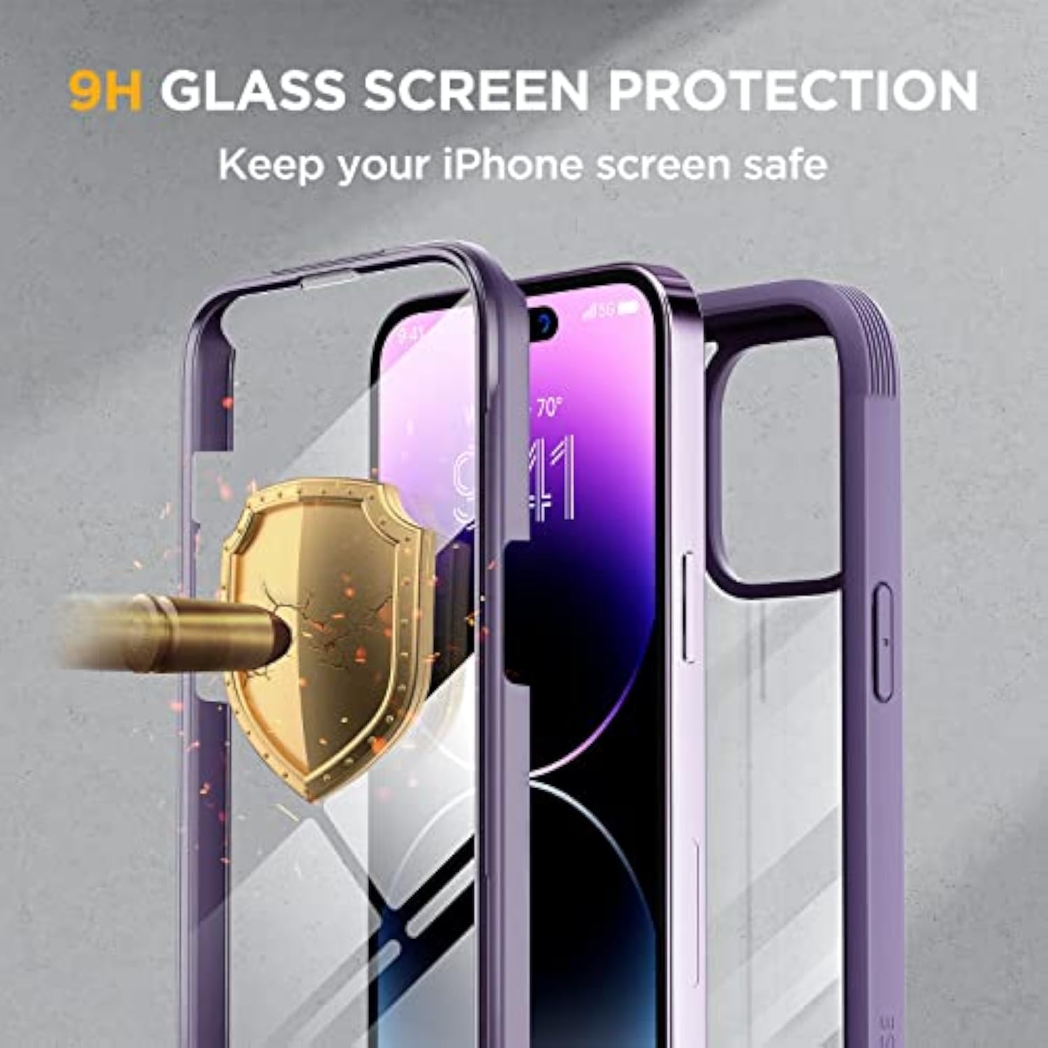 Glass Series For Iphone 14 Pro Case 6.1 Inch, Full-Body Protective Anti Slippery Case With Built-In 9H Tempered Glass Screen Protector, With Camera Lens Protector (Purple)