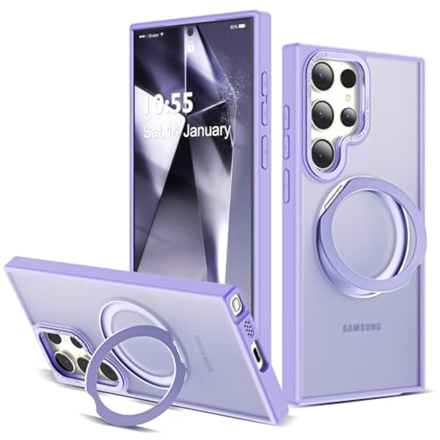 Compatible With Samsung Galaxy S22 & S23 Ultra Case With 360Rotatable Magnetic Ring Stand Compatible With Mag-Safe Military Protection Shockproof Translucent Phone Case,Purple