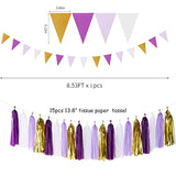 Purple Gold Graduation Decorations - 30Pcs Kits Lavender White Paper Flowers,Banner Flags,Tassel Streamer Garland Engagement Girl Baby Bridal Shower Party Decoration