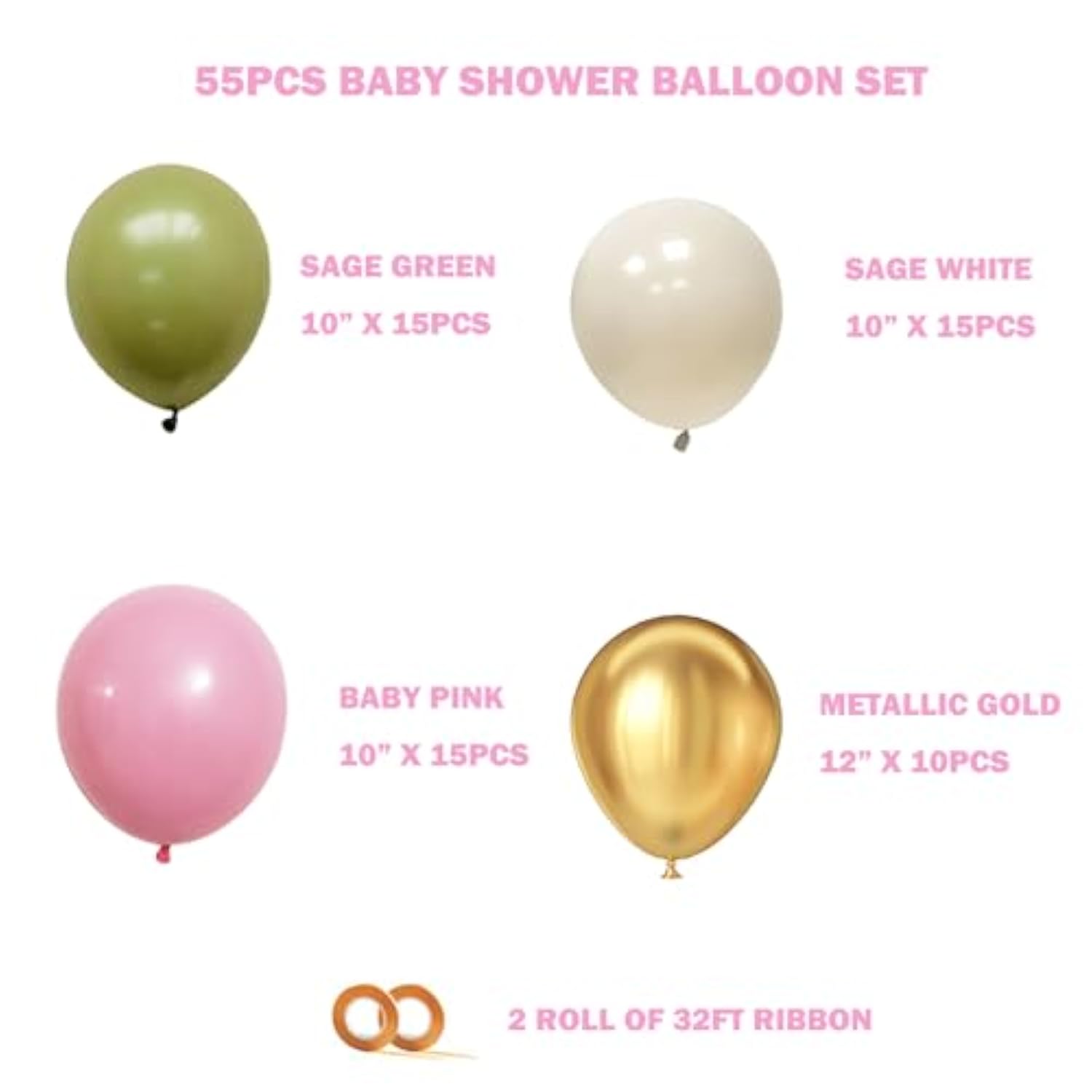 12 Inches Sage Green Gold Pink Balloons Kit, 55Pcs Oliva Green White Metallic Gold And Baby Pink Party Balloons With Ribbons For Birthday Wedding Baby Shower Graduation Eucalyptus Party Decorations