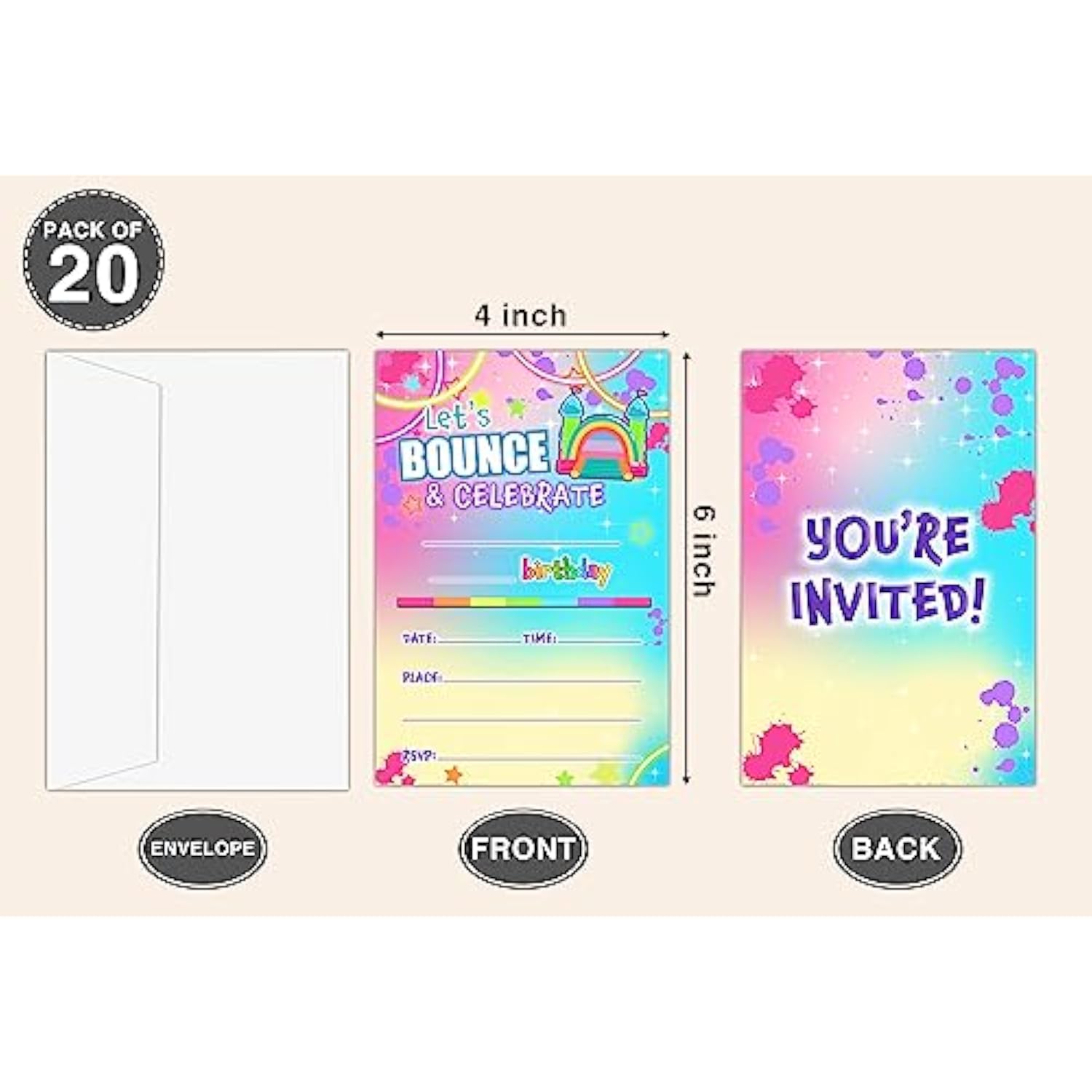Bounce House Birthday Invitations For Girls Kids, Fill In Party Invites, Decorations, Favors, 20 Invitations With Envelopes (D12)
