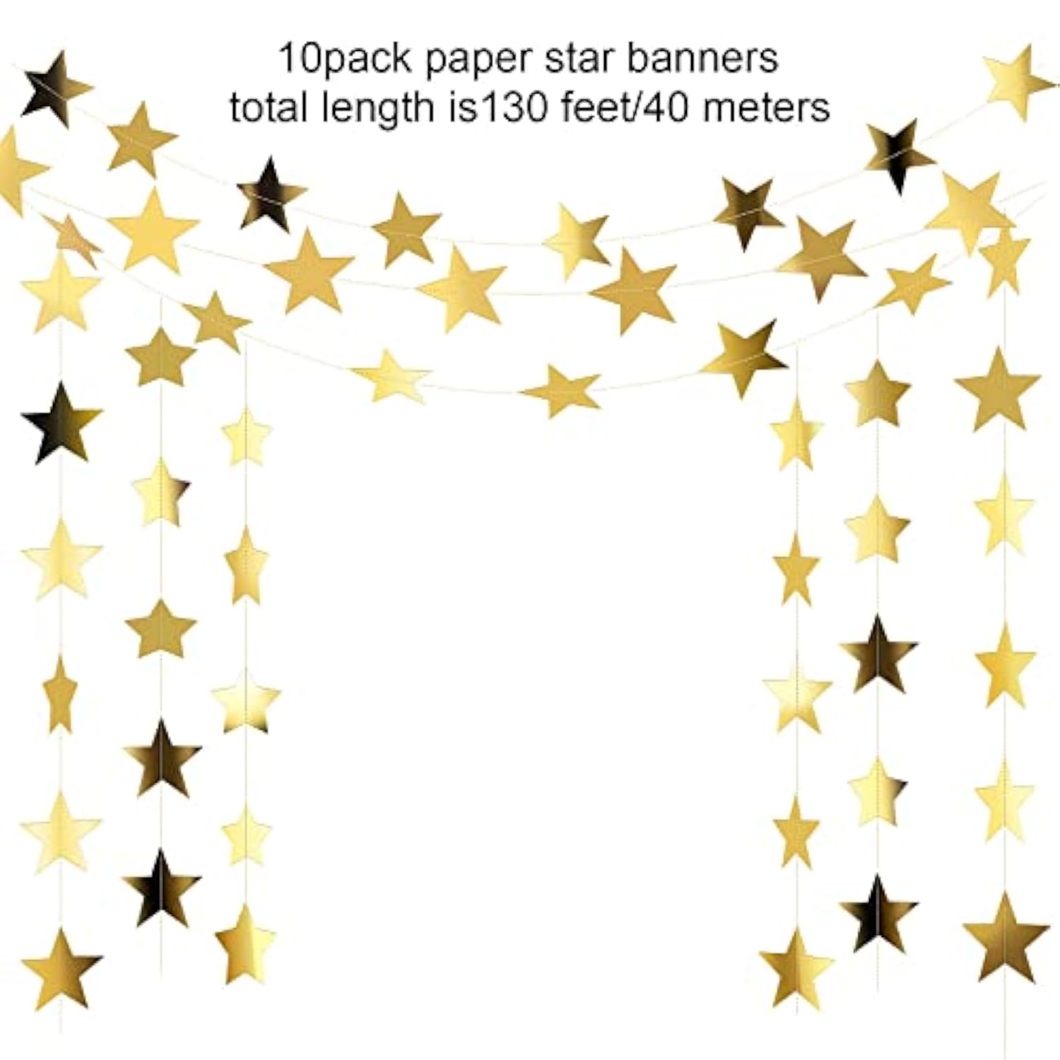 130 Feet Gold Star Garland Hanging Glitter Paper Banner Streamer Star