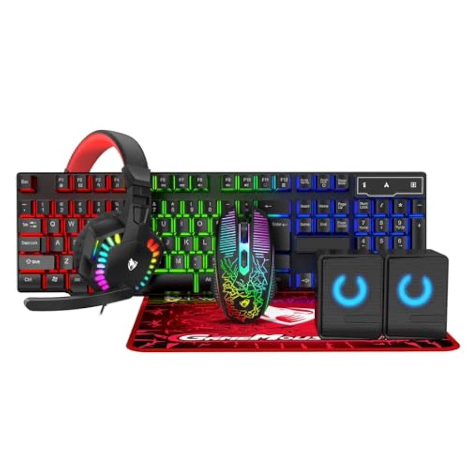 Gaming Keyboard And Mouse Set And Mouse Pad,Headset,Speaker, 5 In 1 Bundle Wired Led Rainbow Backlight For Laptop, Pc Gamers, Xbox, Ps4 And Work- Black