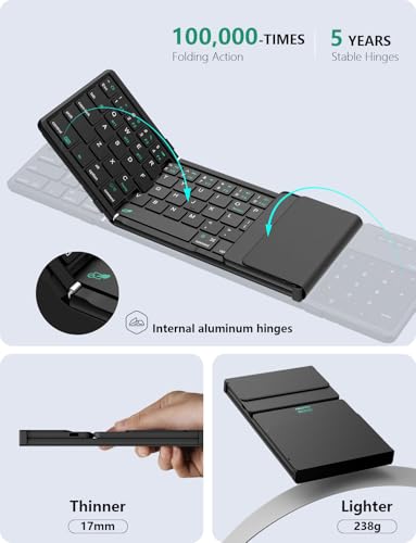 Foldable Bluetooth Keyboard With Touchpad & Number Pad, Portable Bluetooth Keyboard With Full Size Keys, Pocket-Sized Wireless Travel Keyboards For Ipad, Smartphone, Tablet And Laptop Black