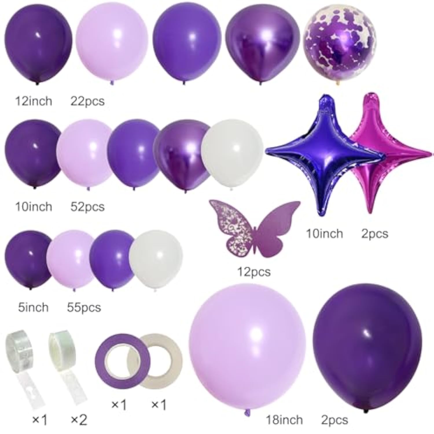 150Pcs Purple Balloon Garland Kit With Butterfly Stickers, Lavender White Macaron Metallic Purple Confetti Balloons Arch For Birthday Wedding Anniversary Sweet 16 Enchanted Forest Party Decor