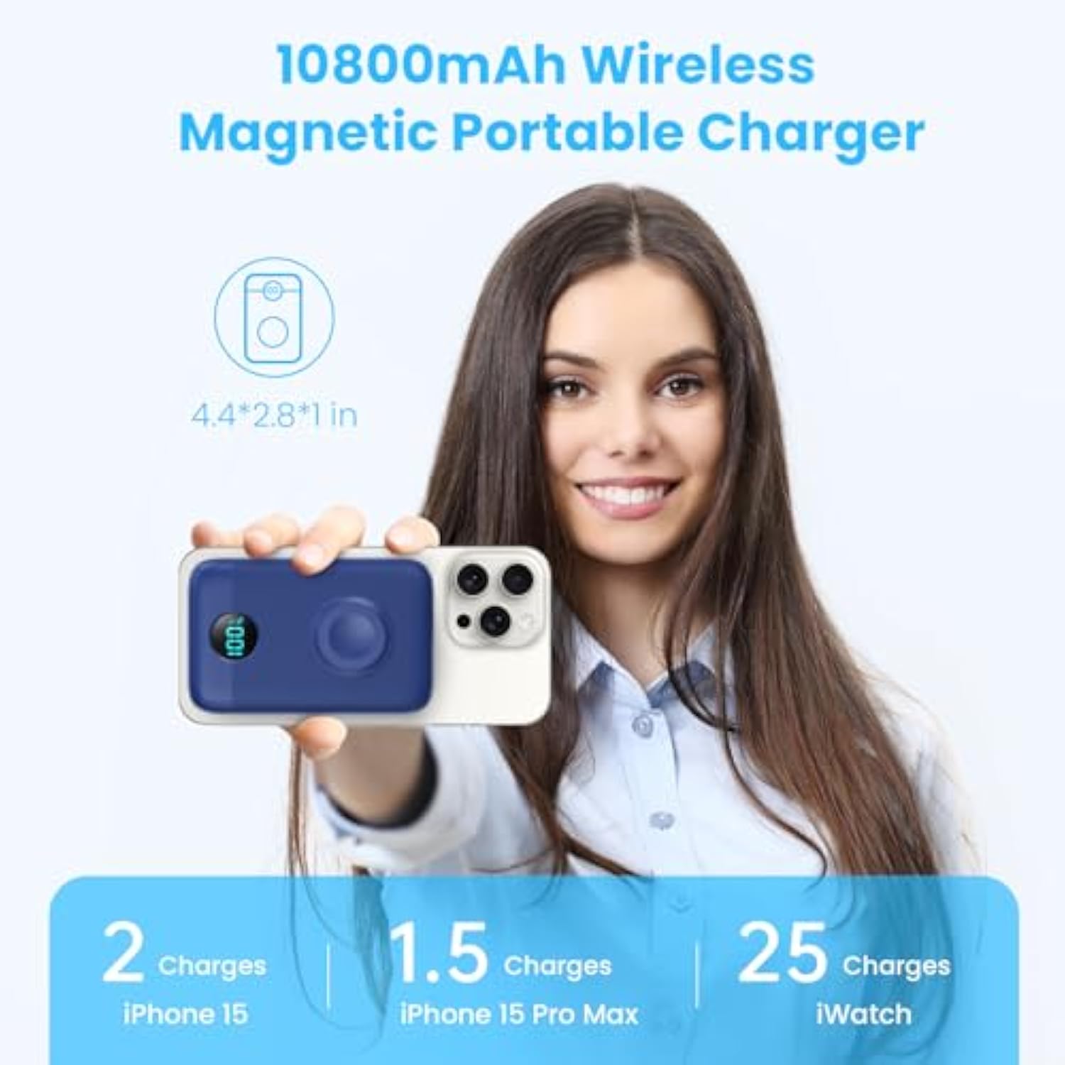 Magnetic Portable Charger 10800Mah,4-In-1 Wireless Power Bank With Iwatch Charger, Qc4.0+20W Pd Fast Charging Usb C Battery Pack With Lcd Display For Magsafe,Iphone 16/15/14/13/12,Apple Watch (Blue)