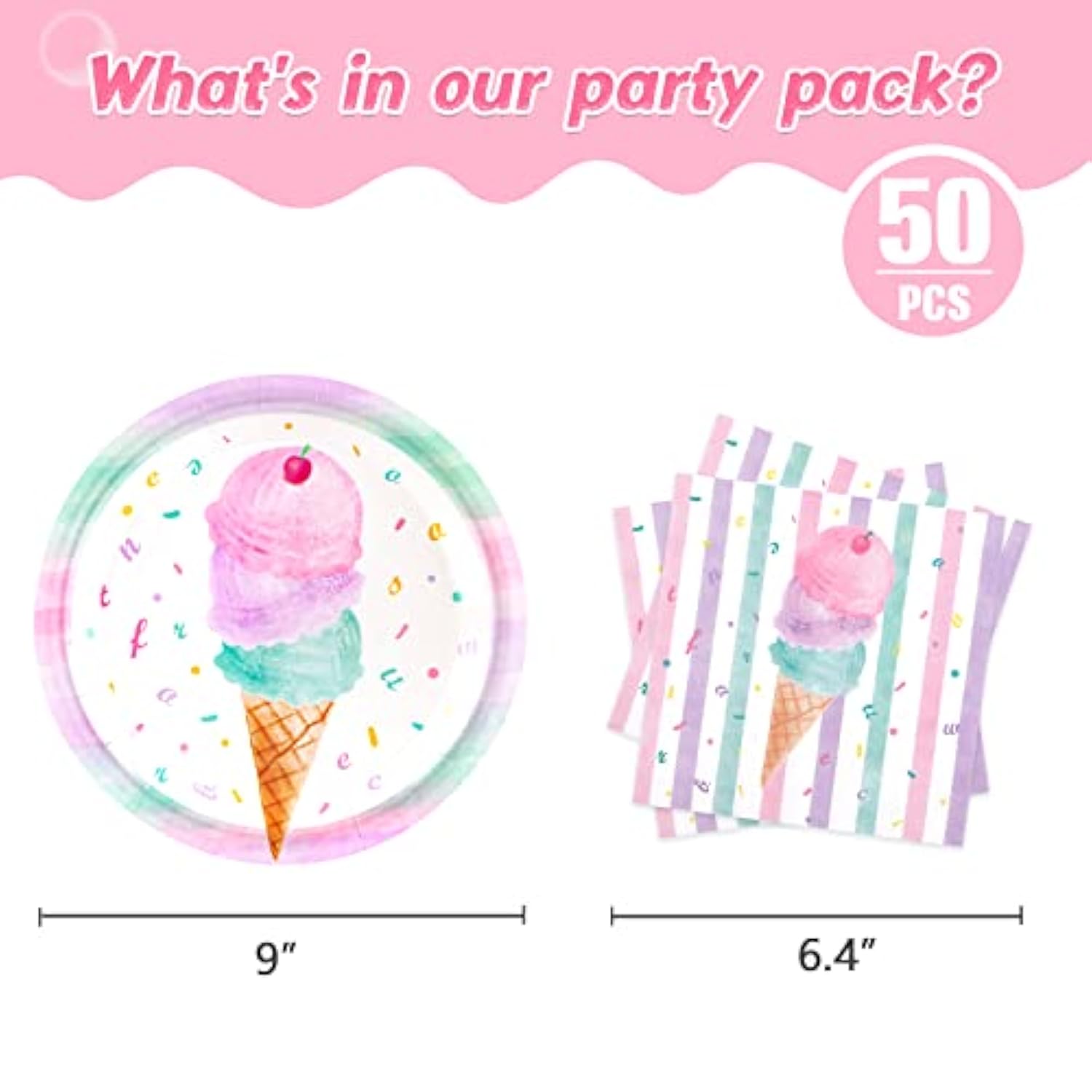 Ice Cream Party Plates And Napkins - Serves 50 Guests 100 Pcs Pink Sweet Ice Cream Themed Party Supplies For Girls Birthday Baby Shower Pool Summer Celebration Dinner Picnic Party Tableware