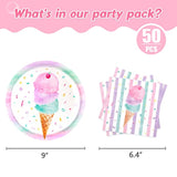Ice Cream Party Plates And Napkins - Serves 50 Guests 100 Pcs Pink Sweet Ice Cream Themed Party Supplies For Girls Birthday Baby Shower Pool Summer Celebration Dinner Picnic Party Tableware