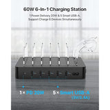 6-Port Pd Charging Station For Multiple Devices, 20W Pd Usb C Fast Charging For Lphone 14/13/12,6 Short Cables Included, 2 In 1 Holder,For Phones,Tablets And Others,Black