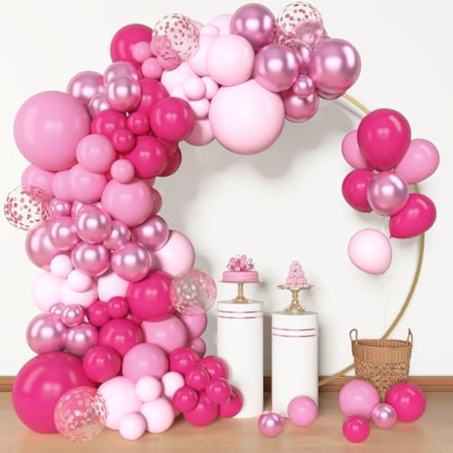 153 Pcs Pink Balloon Arch Garland Kit, Different Sizes 18 12 10 5 Inch Latex Metallic Confetti Hot Pink Balloons For Valentines Day Baby Shower Birthday Princess Wedding Party Decorations