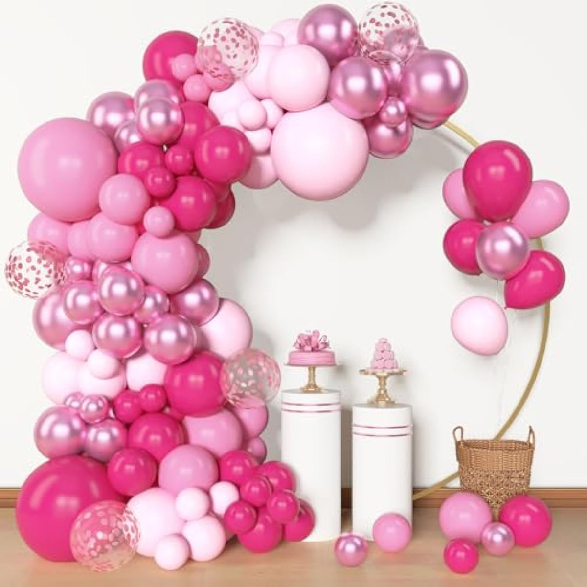 153 Pcs Pink Balloon Arch Garland Kit, Different Sizes 18 12 10 5 Inch Latex Metallic Confetti Hot Pink Balloons For Valentines Day Baby Shower Birthday Princess Wedding Party Decorations