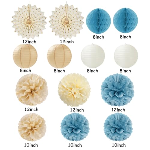 Light-Dusty Blue Beige-Champagne Boho Party-Decorations - 14Pcs Baby Bridal Shower Streamers Lanterns Honeycomb Fan,Tissue Pom Poms,Women Girls Birthday Bachelorette Wedding Backdrop Decor
