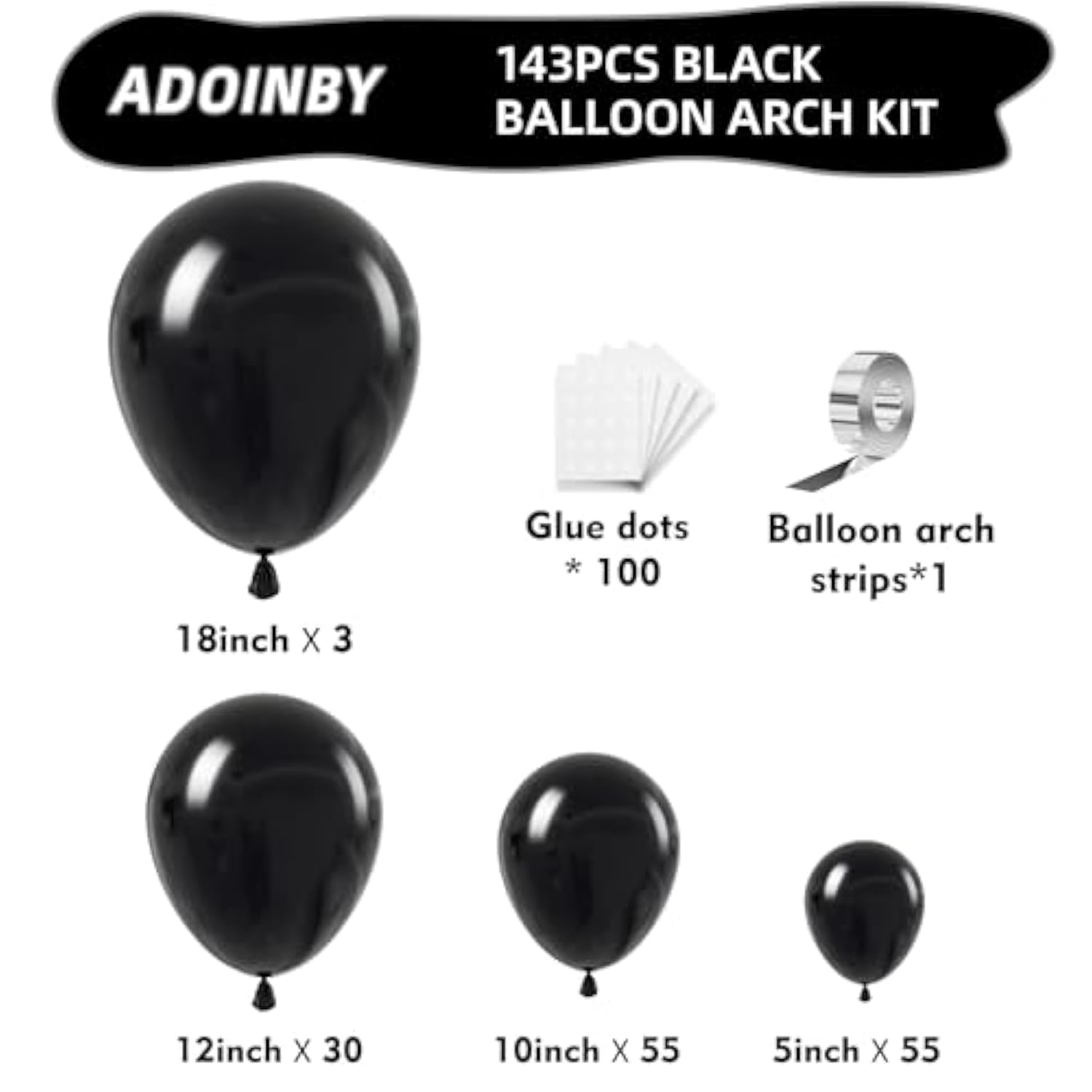 143pcs Black Balloon Garland Kit – Matte Balloons in 4 Sizes for Party & Event Decorations