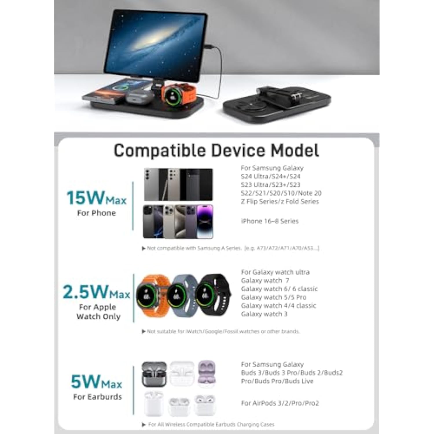 Wireless Charger For Samsung, 4 In 1 Charging Station For Samsung Galaxy S24 Ultra/S23 Ultra, Galaxy Tablet, Galaxy Watch 7, Buds, Foldable Aluminum Tablet Stand Holder For Samsung Galaxy Tab