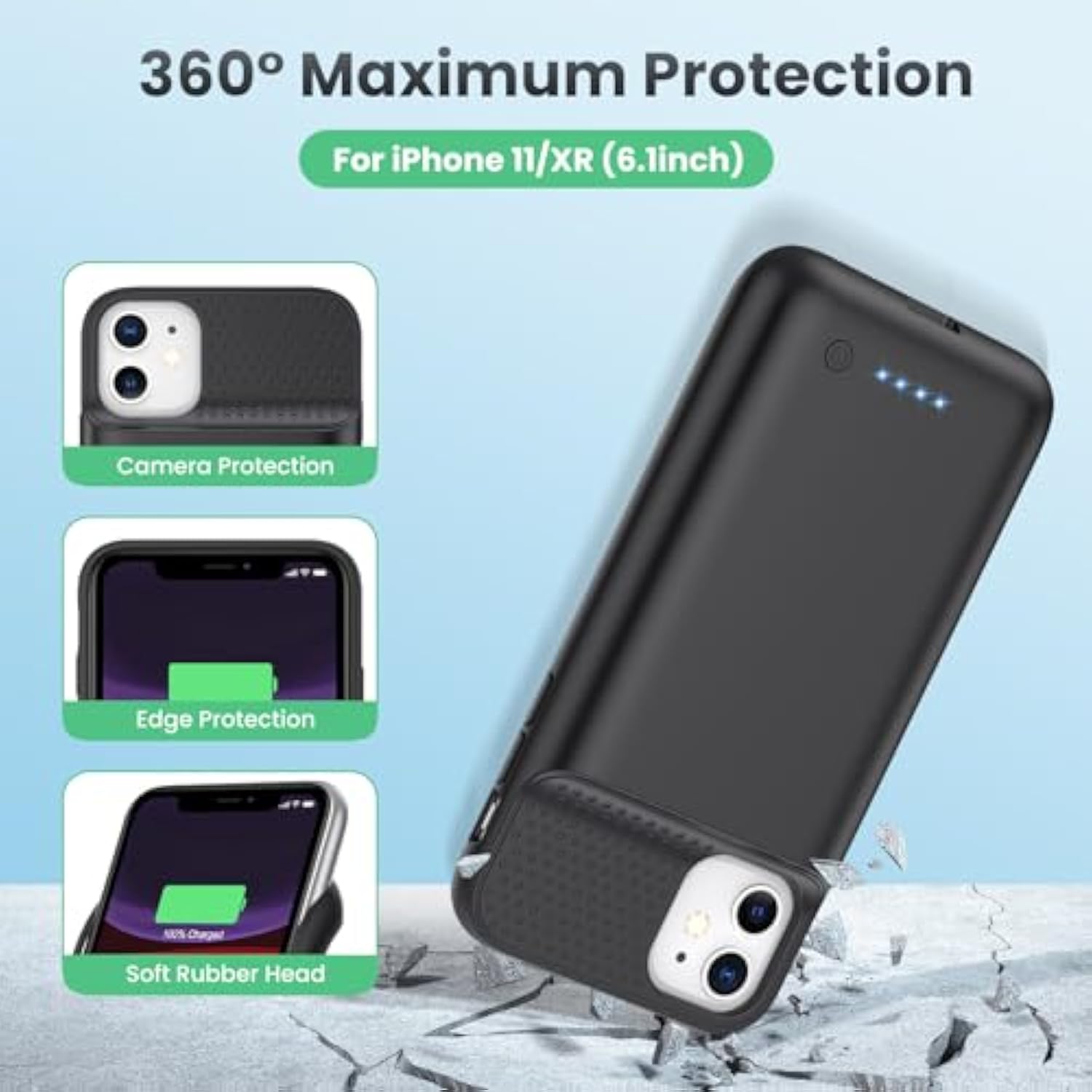 Battery Case For Iphone 11/Xr (6.1Inch),Upgraded 7500Mah Slim Portable Charger Case Cover,External Battery Pack Charging Case With Tempered-Glass Screen Protector For Iphone 11/Iphone Xr (Black)