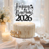 Happy New Year 2026 Cake Topper Black Glitter for Holiday & NYE Party